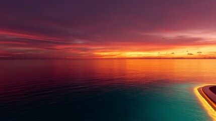 Obraz premium Serene Sunset Ocean Tranquil Coastal Scene Vibrant Sky Golden Hour