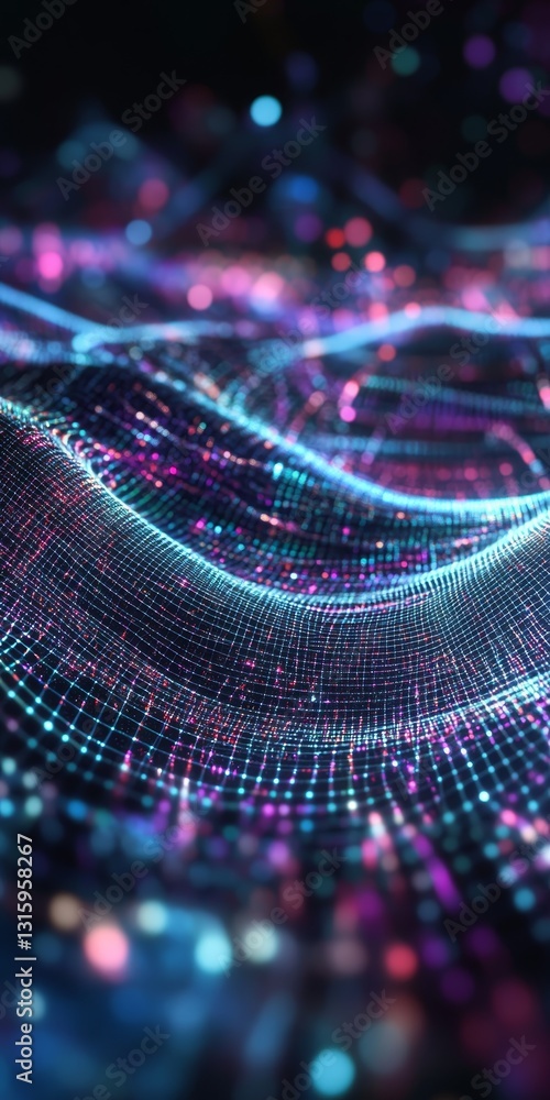 Poster explore a stunning visual of colorful waves and glowing particles in a digital space. this dynamic b