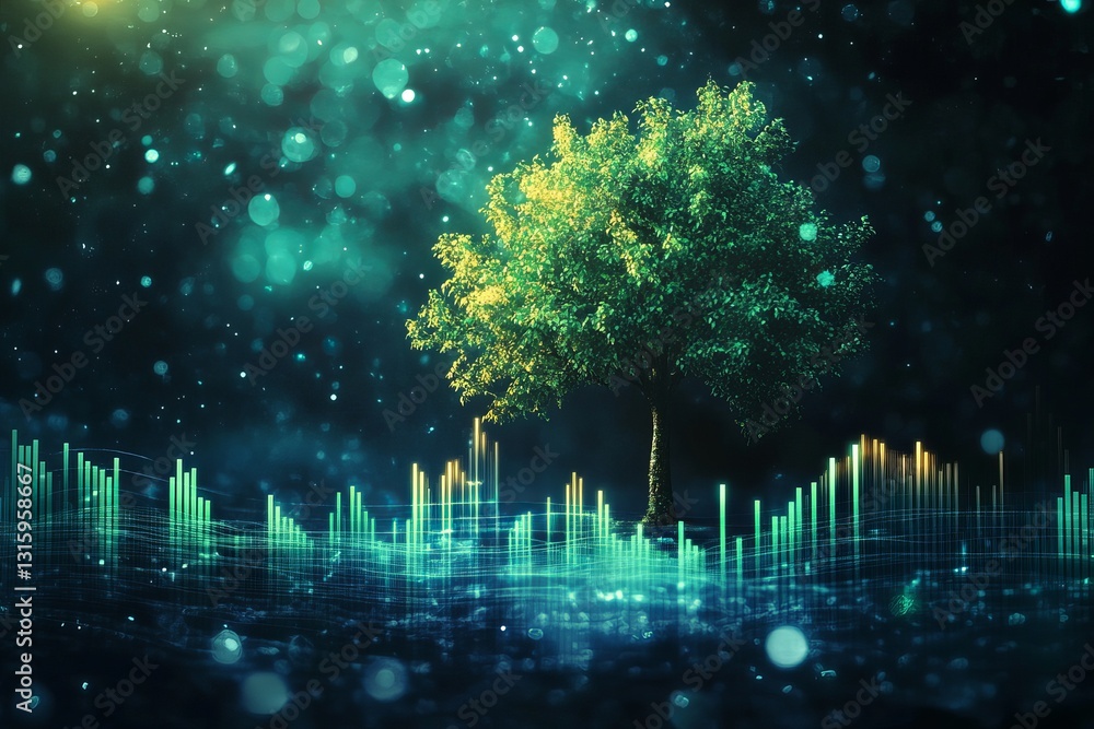 Poster a tree is shown in a dark blue background with a bright green color. the tree is surrounded by a ser