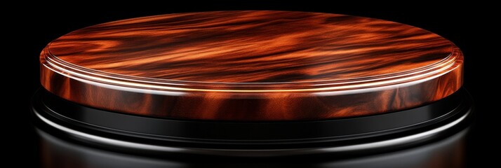 A polished, circular wooden cutting board displayed on a dark surface, showcasing its detailed texture and fine craftsmanship