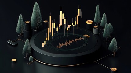 3D Render: Financial Growth Chart in a Dark, Forest-Like Setting AI Generated