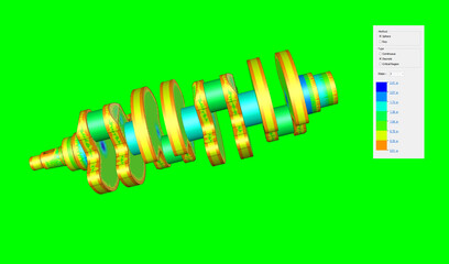 Finite Element Analysis, crankshaft technical drawing, illustration, mechanical part engine motor, green screen background