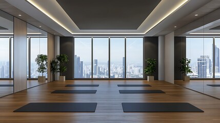 Obraz premium Modern Yoga Studio with City View: 3D Architectural Render AI Generated
