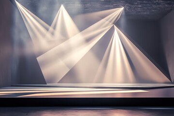 Sharp triangular light projections on an empty 3D stage, abstract setting.
