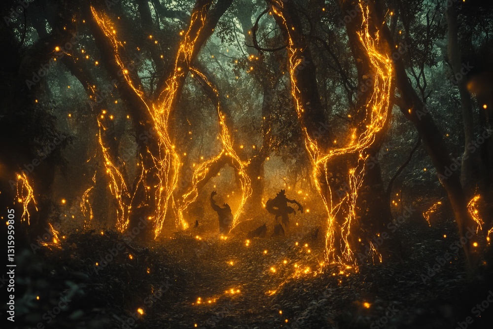 Poster experience a mystical forest scene featuring glowing trees and a magical atmosphere. ethereal light 