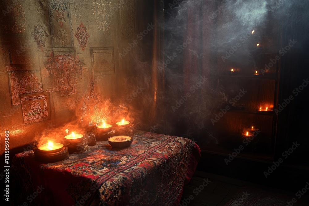 Poster a table with candles and bowls on it. the candles are lit and the table is covered in a red cloth. s
