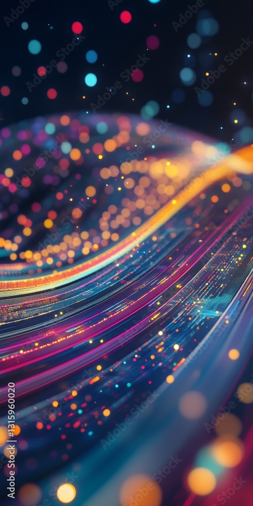 Poster this vibrant abstract background features colorful bokeh lights and flowing waves, creating a dynami
