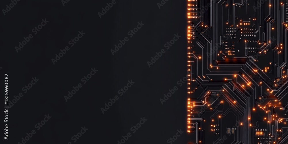 Poster a stunning close-up view of an abstract digital circuit board illuminated with glowing orange lights