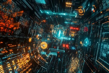 A futuristic cityscape with a glowing orb in the center