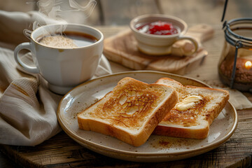 Inviting Breakfast Scene with Golden-Brown Toast, Butter, and Coffee on Wooden Table