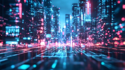 Vibrant Futuristic Cityscape with Neon Lights and Digital Elements