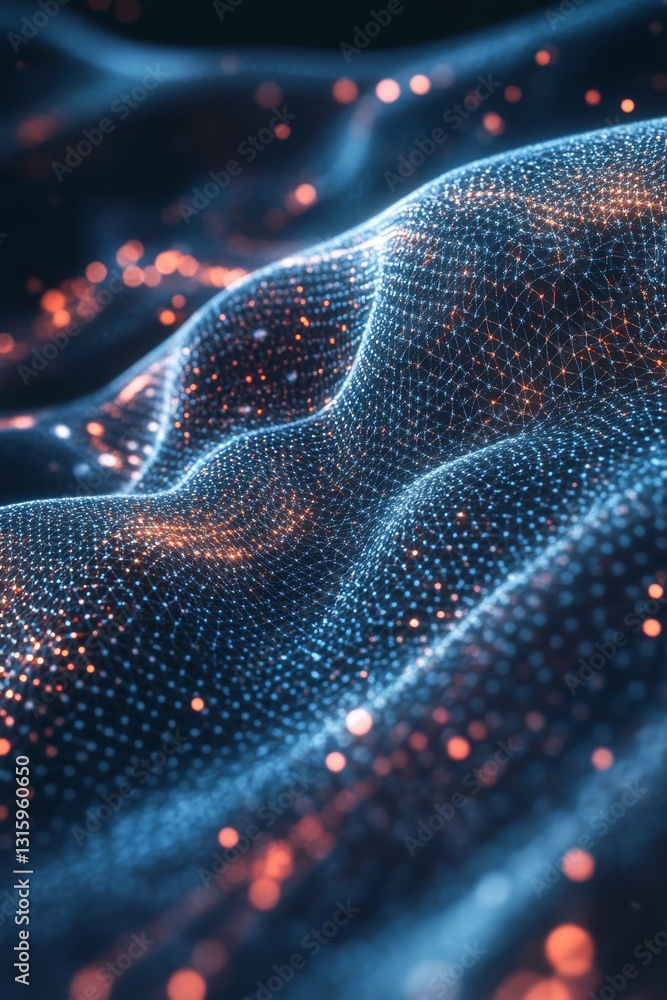 Poster this stunning abstract image features soft waves illuminated by glowing particles, creating a captiv