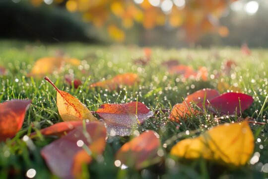 Dew-covered grass in an autumn field with colorful leaves scattered around.