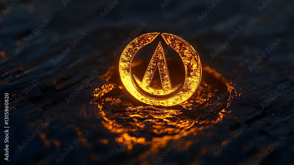 Poster glowing circular symbol with a triangular point inside, resting on a dark, textured surface.