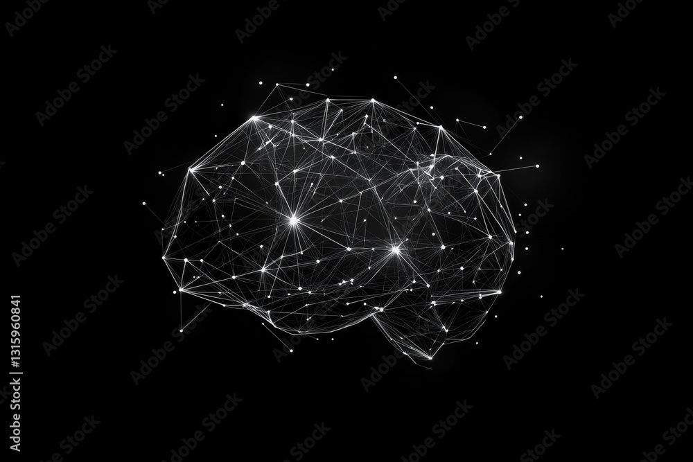 Poster this abstract illustration showcases a brain made of interconnected lines and glowing points, symbol