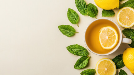 A cup of herbal mint tea with lemon slice on a vibrant background.