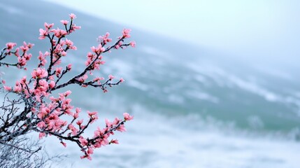 Pink Blossom Branch  Snowy Mountain  Winter Wonderland  Nature Scene