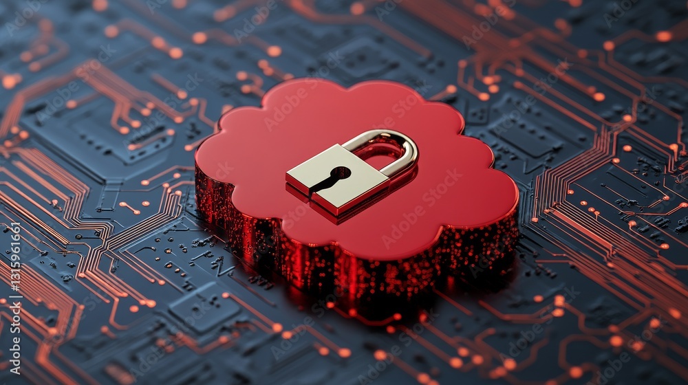 Poster on a circuit board background, a red cloud with a padlock signifies secure cloud storage