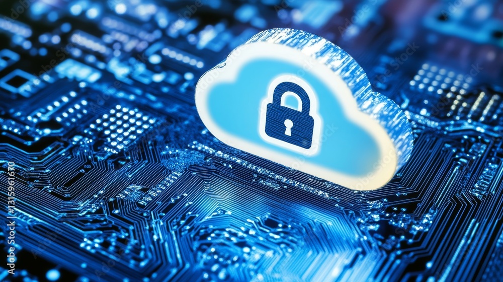 Poster a secure cloud symbol with a padlock, illustrating cybersecurity and data protection in an energetic