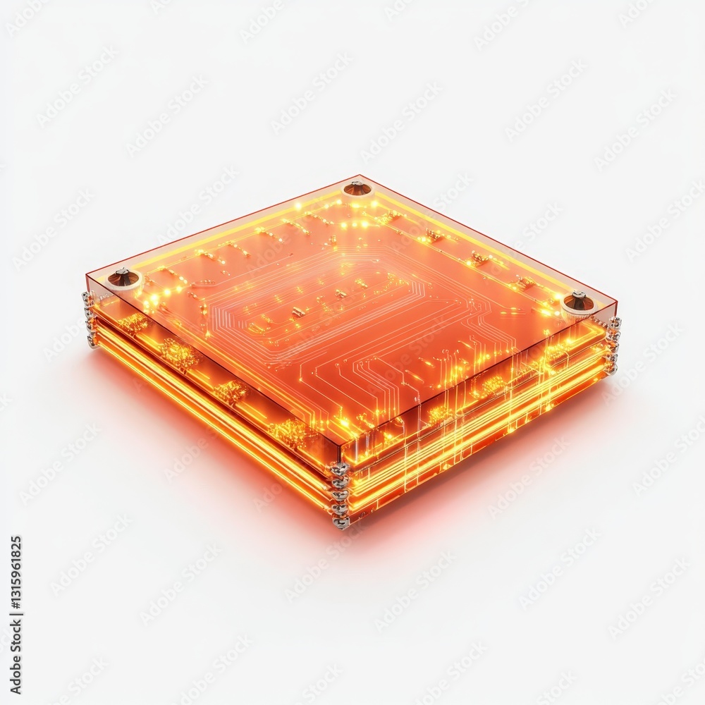 Poster a futuristic orange circuit board featuring bright neon lights and intricate designs. this modern te