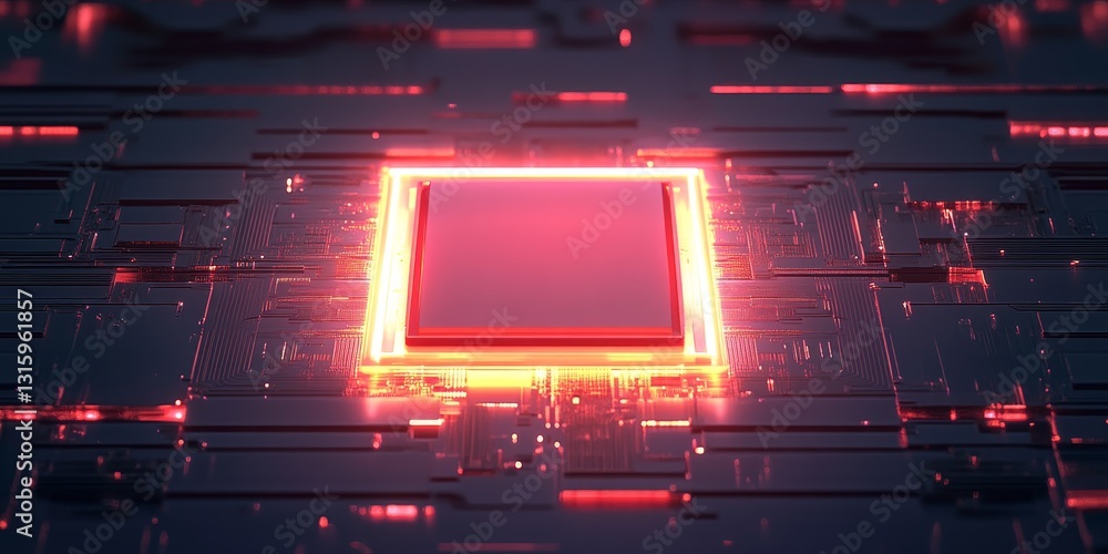 Poster explore a captivating image of a futuristic circuit board featuring a bright neon microchip at its c