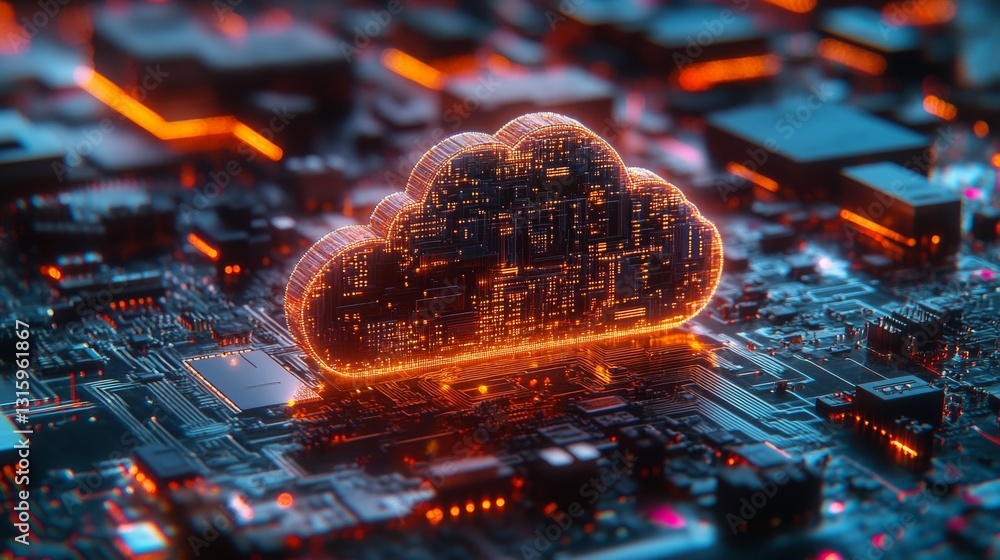 Poster a decorative cloud image on a circuit board background, signifying digital technology and cloud comp