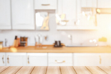 Fototapeta premium Blurred view of modern kitchen interior with white furniture