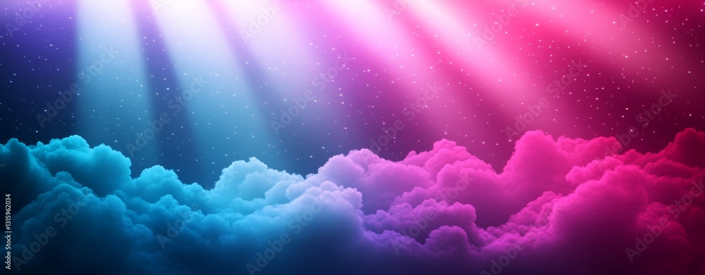Poster a dynamic show of bright light beams filtering through soft clouds, forming a whimsical, atmospheric