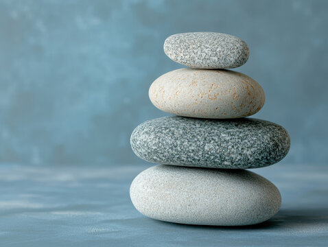 Balanced stack of smooth rocks carefully placed on top of each other symbolizing stability and natural serenity