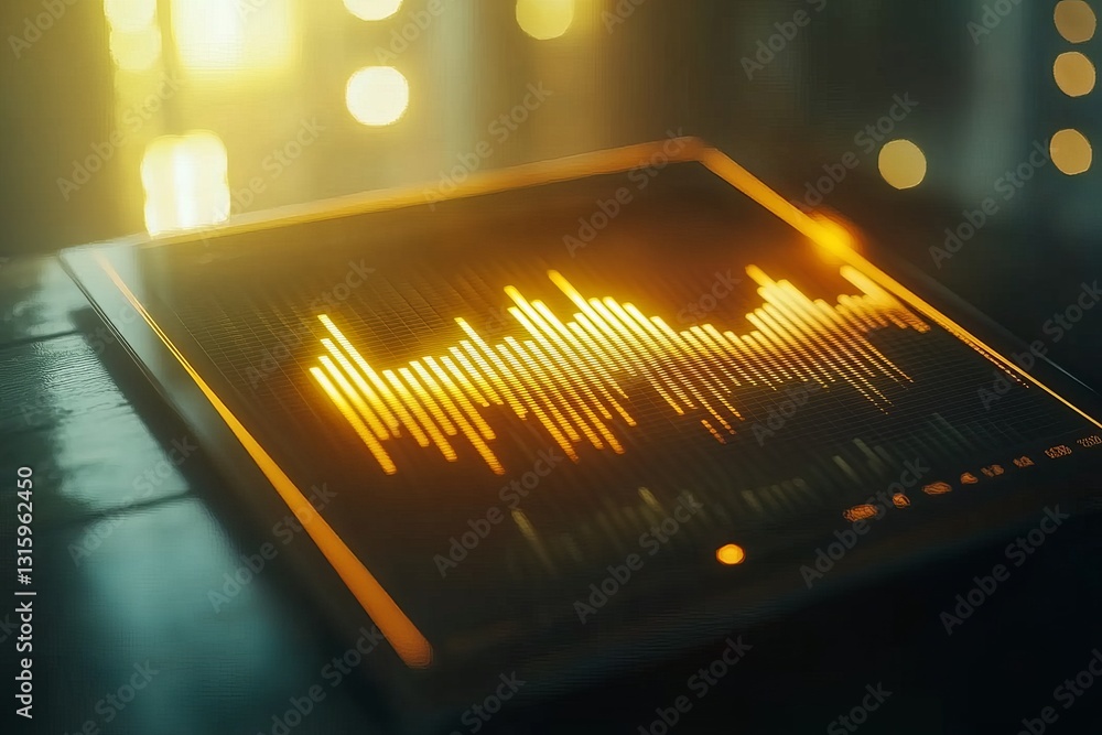 Poster a computer screen with a yellow line on it. the line is a graph of some sort, and it is a sound wave
