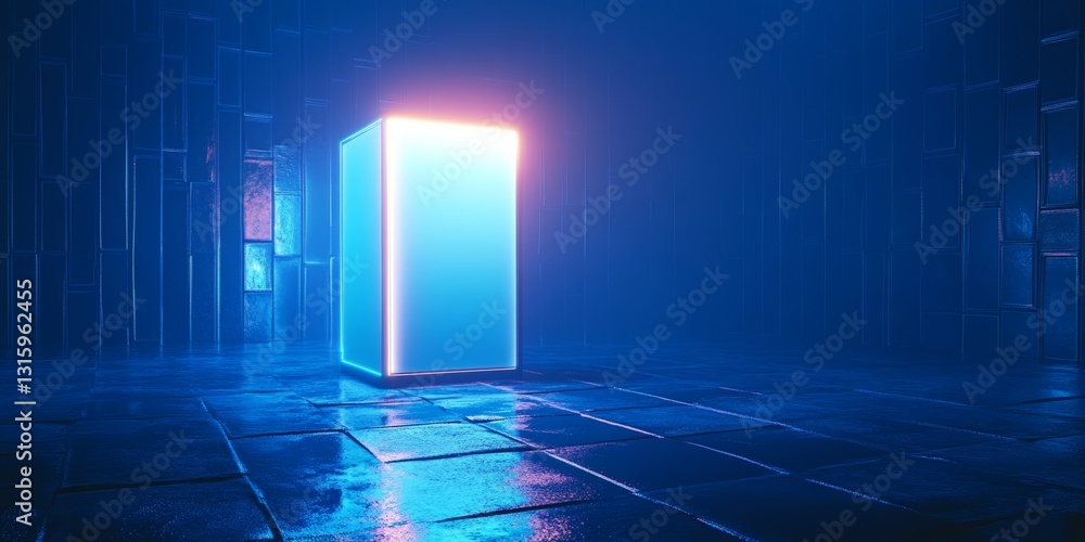 Poster an illuminated blue neon cube stands in a dark virtual room, creating a captivating and futuristic a