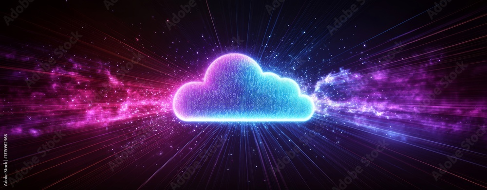 Poster a dynamic, stylized cloud symbol with colorful rays around it, symbolizing modern digital storage an
