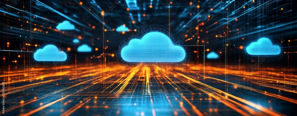 Aufkleber a dynamic digital graphic of colorful clouds and lines, illustrating cloud technology and data trans