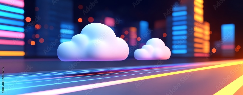 Poster a dynamic abstract scene with colorful clouds and light effects, signifying digital innovation and c