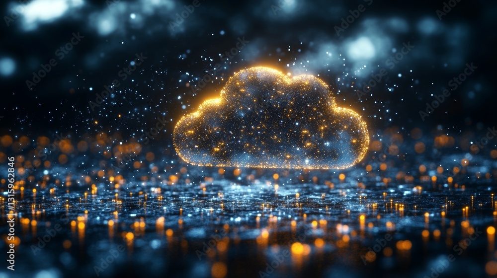 Poster a colorful cloud symbol with dynamic light rays around it, signifying digital connectivity and the s