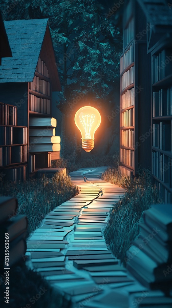 Poster a path with a light bulb in the middle of it. the light bulb is glowing and surrounded by books. the