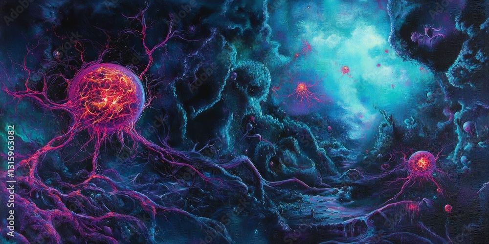 Poster this abstract artwork showcases a cosmic neural network, blending vibrant energy forms with surreal 