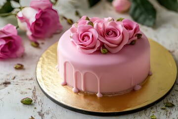 Naklejka premium Persian-style rose pistachio cake with a smooth fondant finish on a gold board
