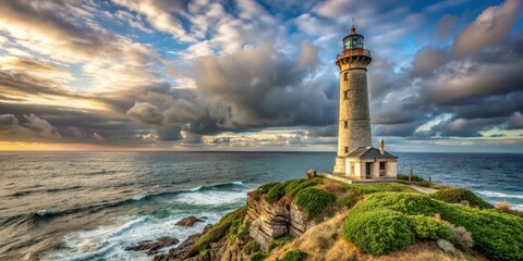 Naklejka premium Coastal Lighthouse at Sunset, Dramatic Ocean Waves Crashing Against Rugged Cliffs, Picturesque Seascape