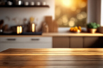 Blurred view of modern kitchen interior with white furniture