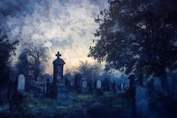 Fototapeta premium An atmospheric scene of a graveyard shrouded in mist, featuring weathered tombstones and dark trees under a cloudy sky, evoking feelings of mystery and solitude.