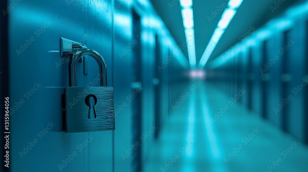 Poster a zoomed-in image of a padlock on a server rack, showcasing the measures taken to ensure data securi