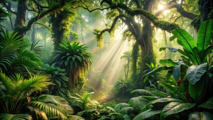 Naklejka premium Lush Tropical Rainforest Path Bathed in Sunlight, a Serene and Mysterious Jungle Scene with Vibrant Green Foliage and Sunbeams Piercing Through Dense Canopy