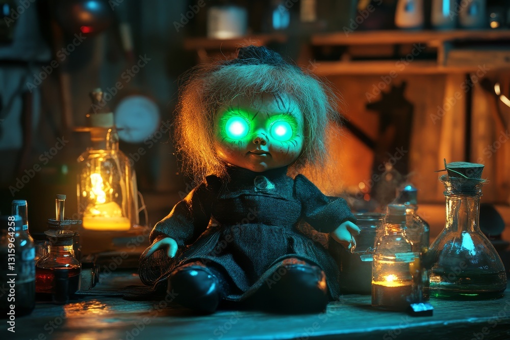 Poster a doll with green eyes sits on a table with a lamp and other objects. the doll appears to be a witch