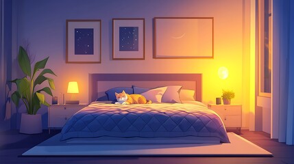 Cozy bedroom at night with cat sleeping on bed, warm lights, and plants.