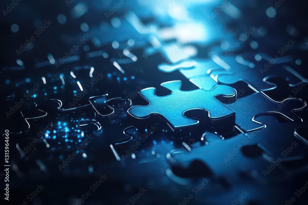 Poster close-up of interlocking puzzle pieces illuminated by soft blue light, creating a mysterious atmosph