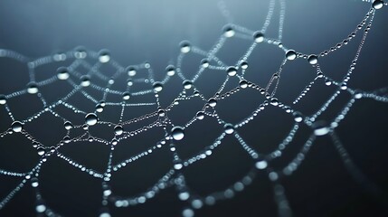 Naklejka premium Close-up of a spiderweb glistening with morning dew, intricate details visible.