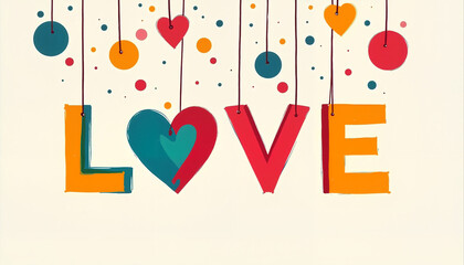 Colorful love design with hanging letters and hearts on a playful background, Love letters on string