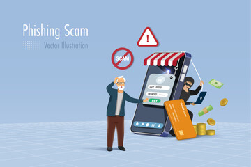 Hacker online phishing password, credit card information from online shopping elderly customer on fake web template. Cyber crime attack on senior against digital security system technology. 3D vector.