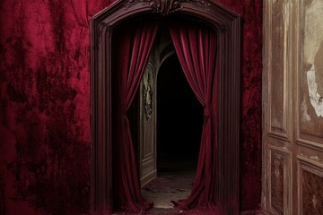 A red curtain is drawn open to reveal a dark room. The curtains are drawn open to the left, and the room is empty. Scene is eerie and mysterious